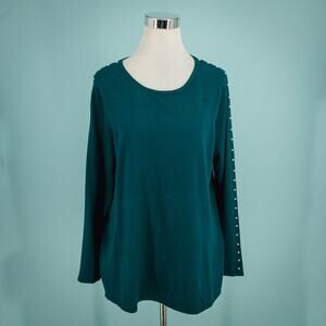 Soft Surroundings Size Large L Teal Green Pearl Sleeve Crew Long Sleeve Sweater